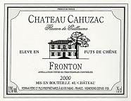 CH. CAHUZAC Fleuron de Guillaume Elevé en fût de chêne  2000